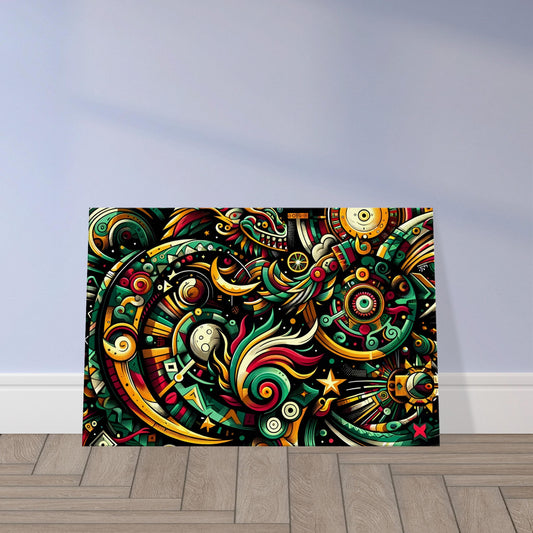 Celestial artwork featuring stars, galaxies, and cosmic shapes in vibrant colors inspired by Mexican art.