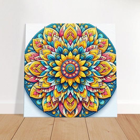 Mandala artwork featuring sunflower yellow, sky blue, and coral pink on a white background, capturing the vibrant energy of summer.