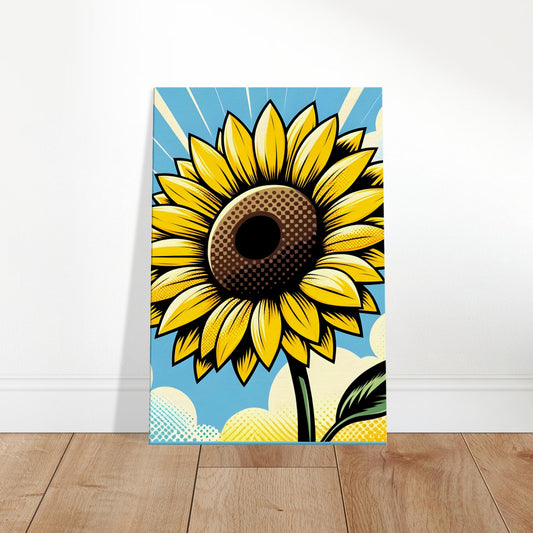 Pop art sunflower with bright yellow petals and a dark center, outlined in black against a light blue or green background.