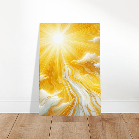 Yellow marble wall art with white and gold veining and a polished finish, designed to evoke warmth and brightness.