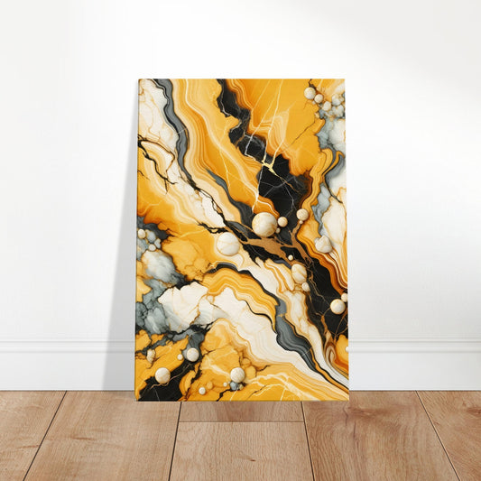 Mustard yellow marble wall art with bold charcoal and ivory veining and a polished finish for a vibrant, modern look.