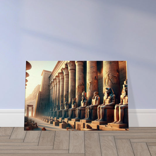 Luxor Temple illuminated by the setting sun with golden light on columns and mirrored reflections in the calm Nile River.