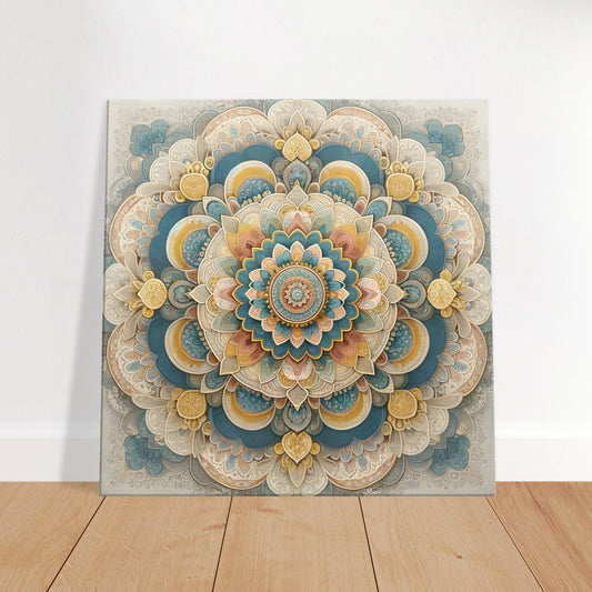 Vintage-inspired mandala artwork featuring yellow, pink, blue, and neutral floral patterns arranged in an intricate sunburst design.
