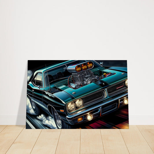 Wall art of a supercharged classic American muscle car with bold colors and detailed engine illustration.