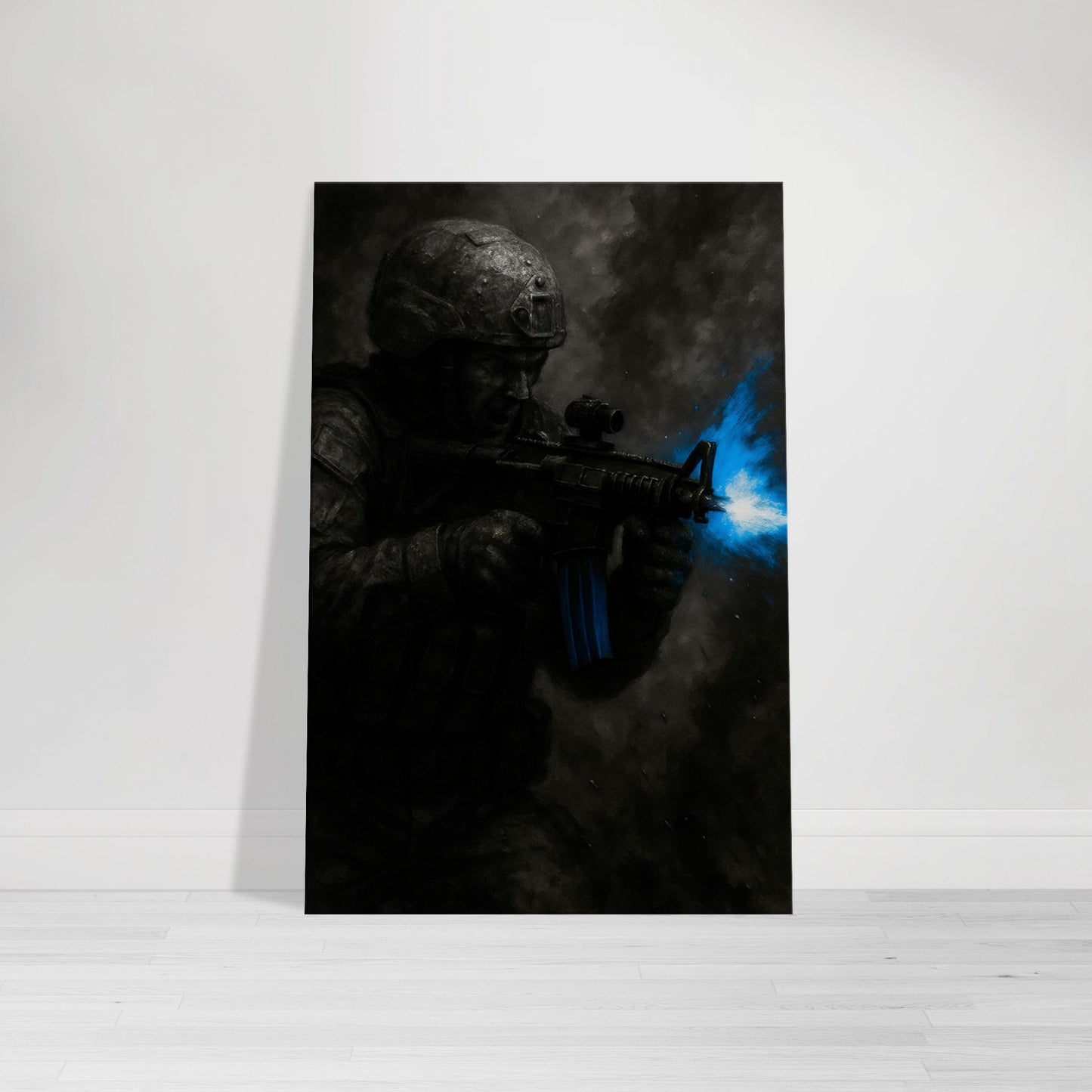 High-intensity military wall art of a soldier mid-gunfight with bold blue muzzle flash. A dramatic, action-driven piece from the Warfare Division series.