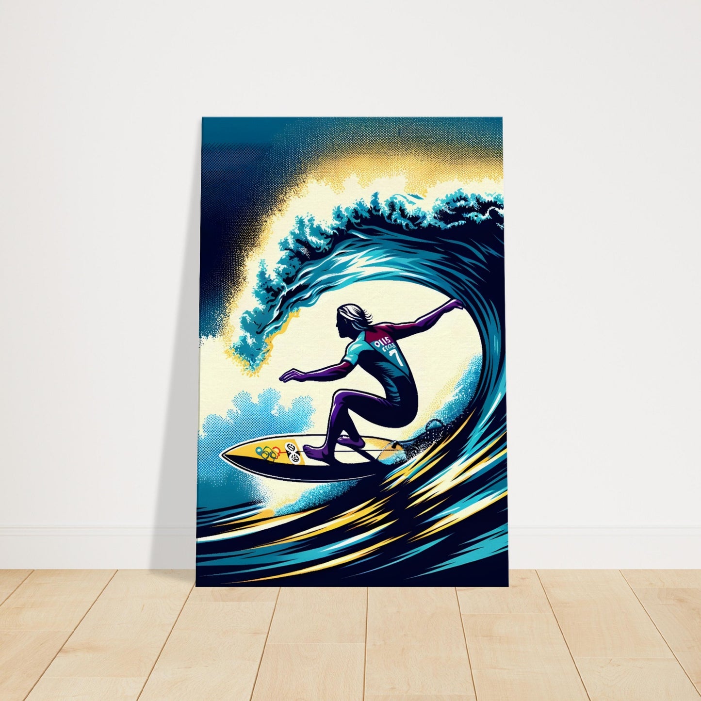 Canvas artwork of a surfer riding a vibrant ocean wave, showcasing dynamic movement, balance, and the spirit of the sea.