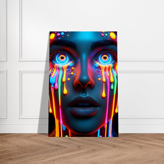Portrait of a surprised figure with vibrant multicolored paint drips, expressing astonishment and wonder in modern expressionist style.