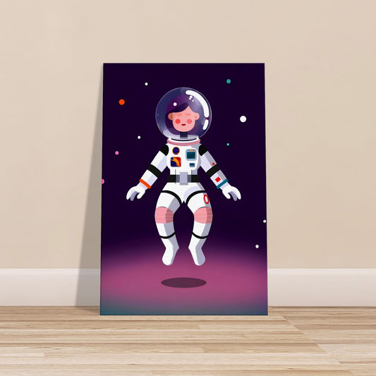Cartoon-style female astronaut Susie in white and pink spacesuit floating among stars on a cosmic background.