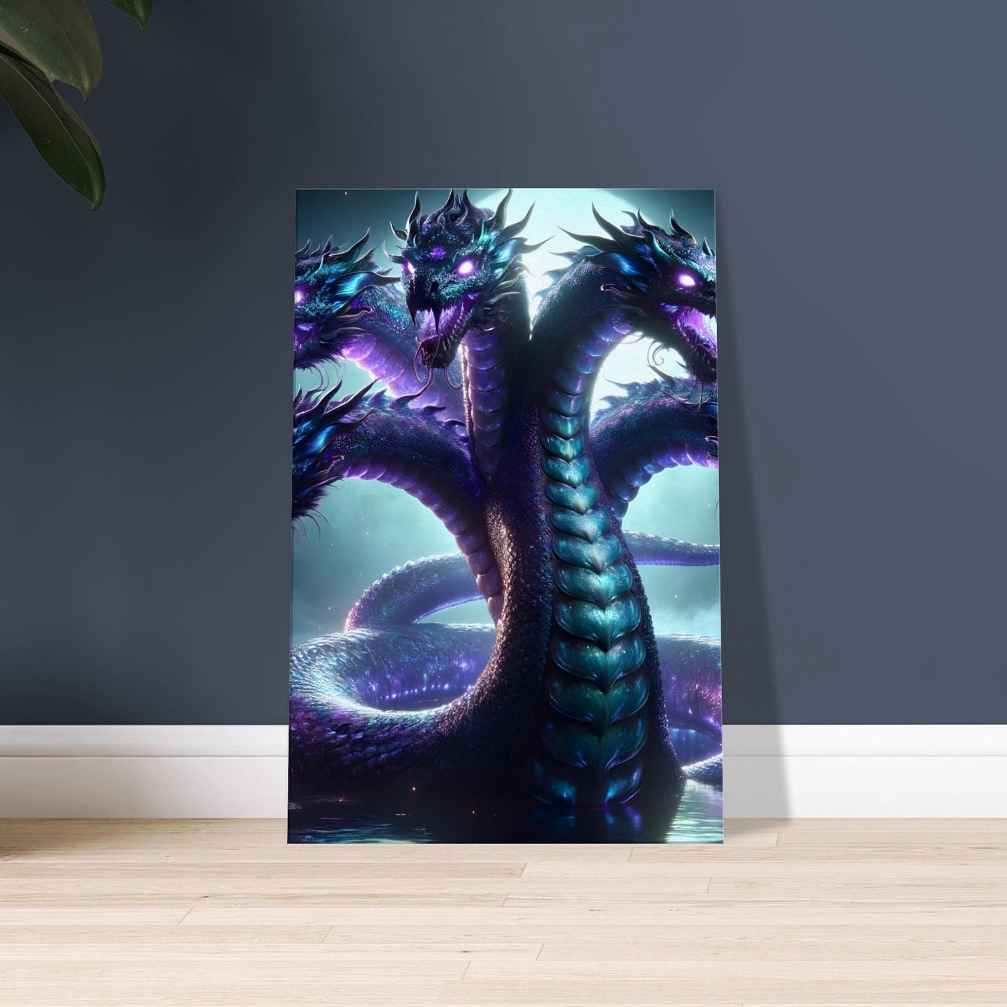 Artwork of a multi-headed Hydra with glowing eyes and iridescent dark scales in a misty swamp at night.