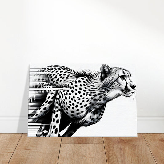 Pencil sketch of a swift cheetah running with intense focus against a savannah backdrop.