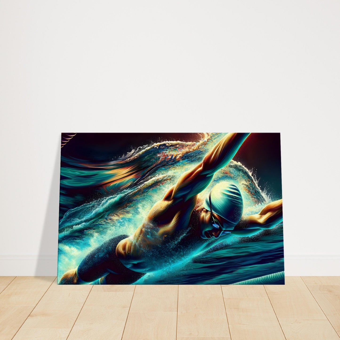 Canvas artwork of a swimmer mid-stroke with bubbles and blue water, highlighting graceful movement and aquatic intensity.