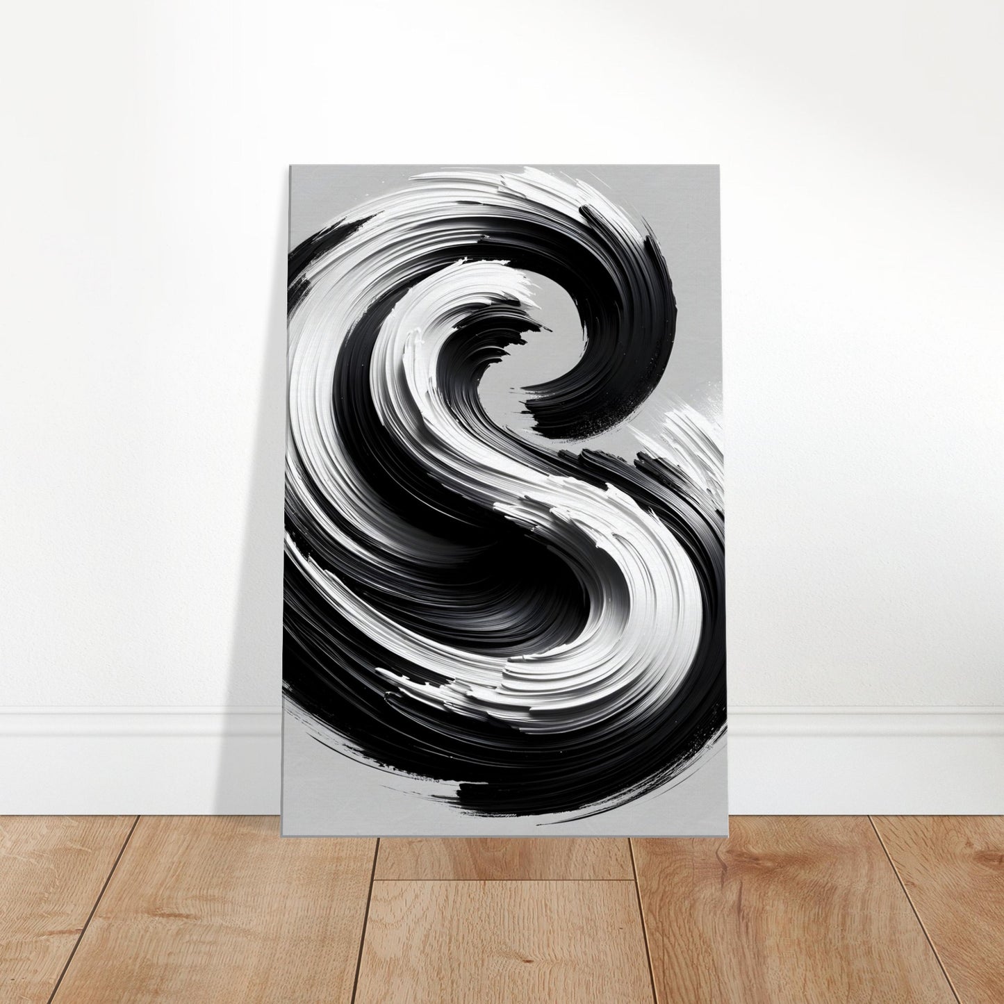 Abstract artwork with intricate swirling patterns and soft, flowing brushwork in an elegant black and white palette.