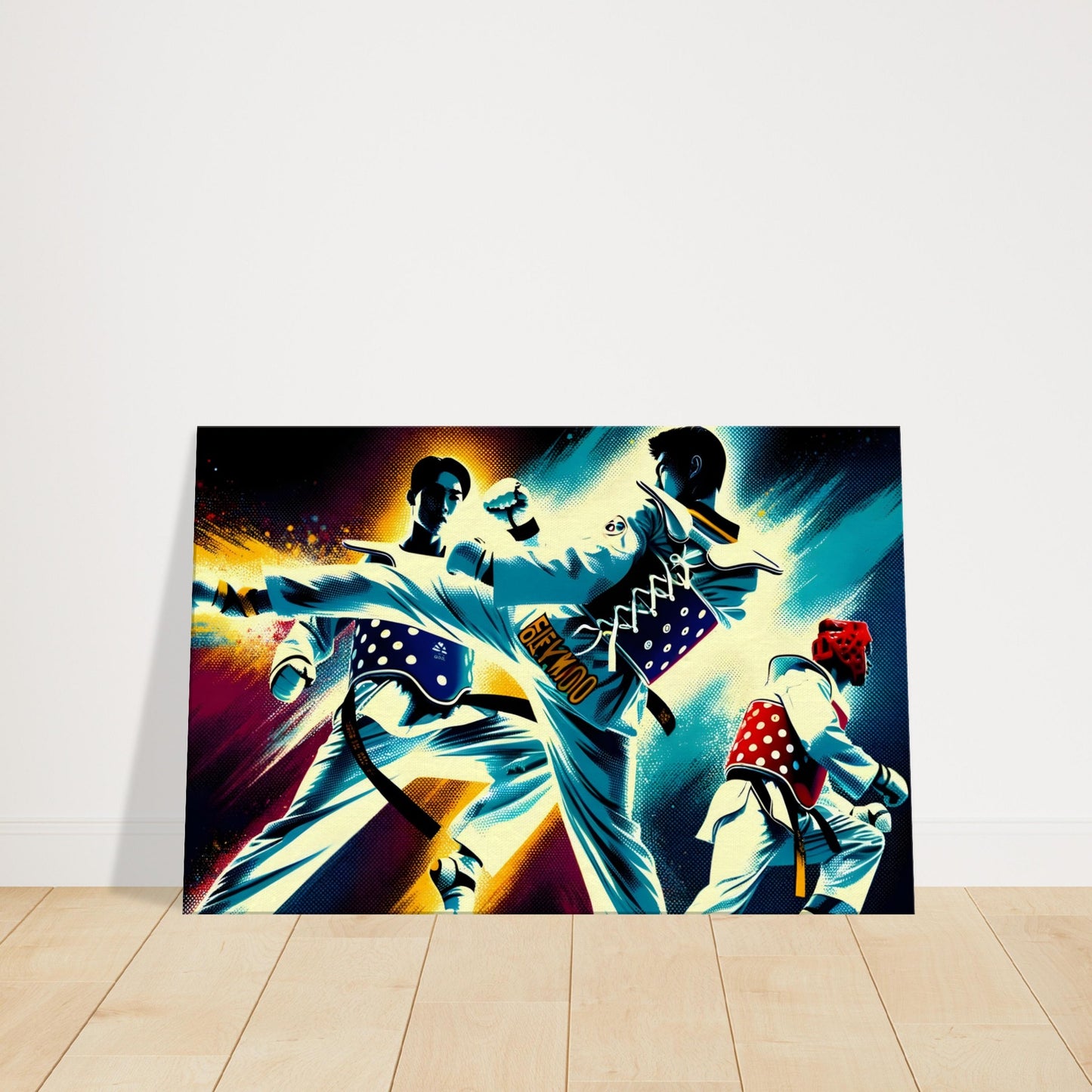Canvas artwork of two Tae Kwon Do martial artists sparring in uniform, showing dynamic movement and intense contrast.