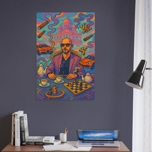 Andrew Tate at a surreal tea party with talking Bugattis, floating cigars, and chessboards playing themselves in a lavish, absurd setting.