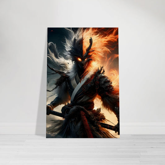 Anime warrior with flaming hair in futuristic samurai armor, wielding a staff, surrounded by stormy skies and elemental energy in fire and wind hues.