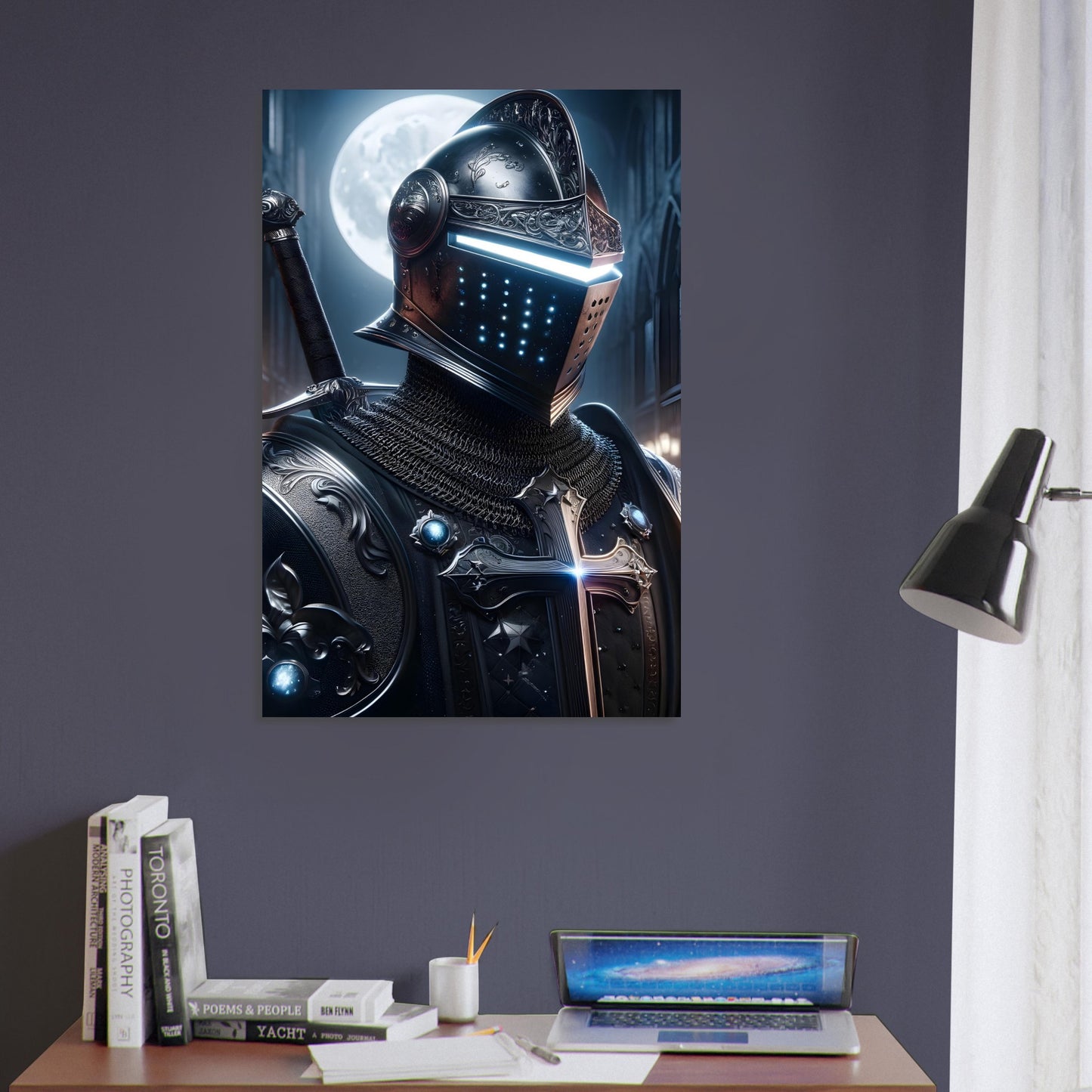 A Knight Templar in dark armor with glowing silver and blue visor and sword stands before a moonlit medieval European castle.