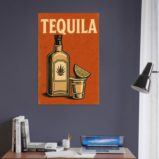 Metal poster with tequila bottle, shot glass, and lime in vintage style with bold text.