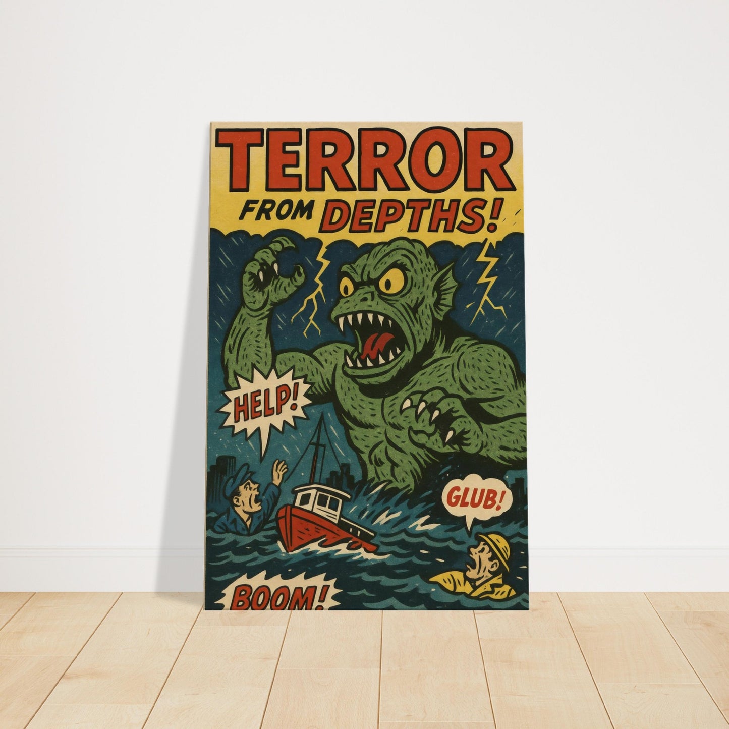 Vintage comic artwork of a giant green sea monster attacking a ship with HELP and GLUB text in retro halftone style.