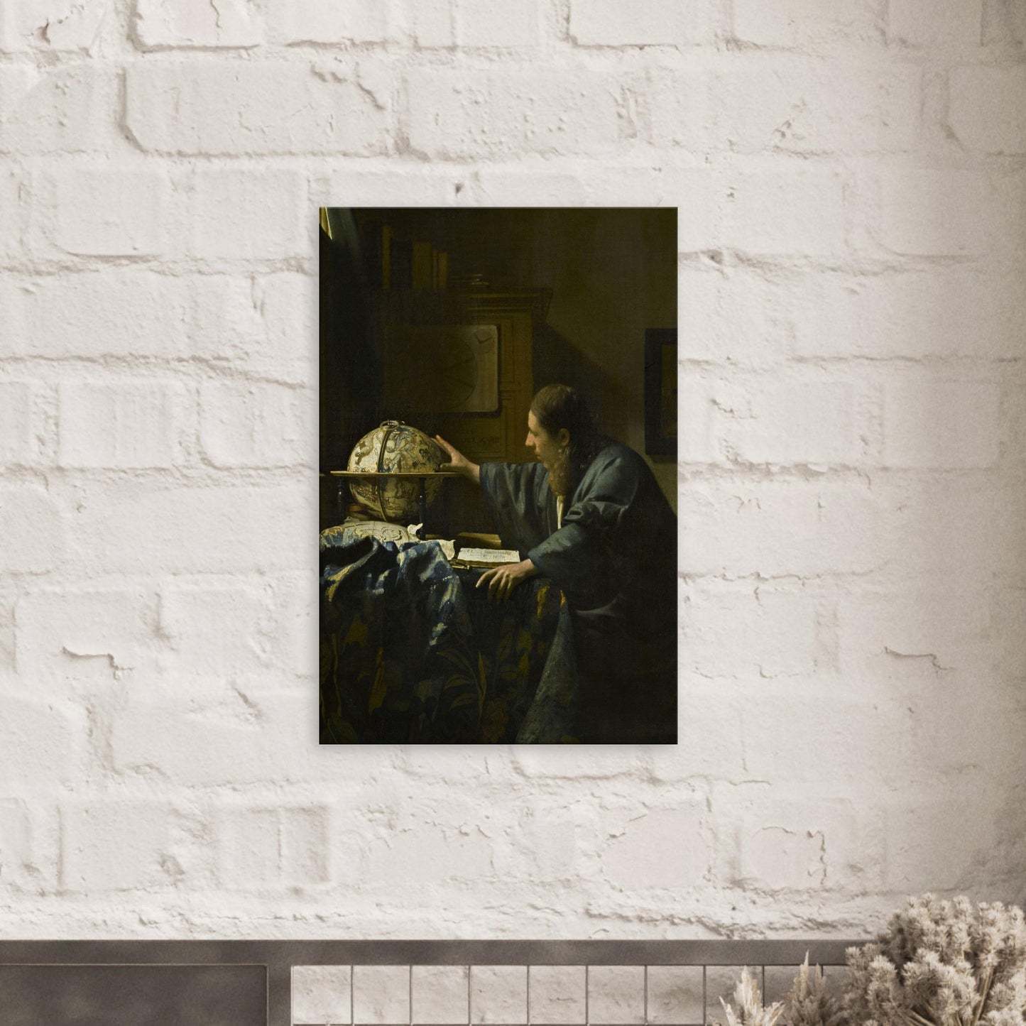 Canvas art reproduction of Johannes Vermeer’s The Astronomer, depicting a man studying celestial spheres with delicate lighting and contemplative expression.