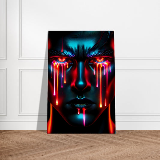 Portrait of a tense figure with bold red and black paint drips, expressing anger and emotional turmoil in a modern art style.