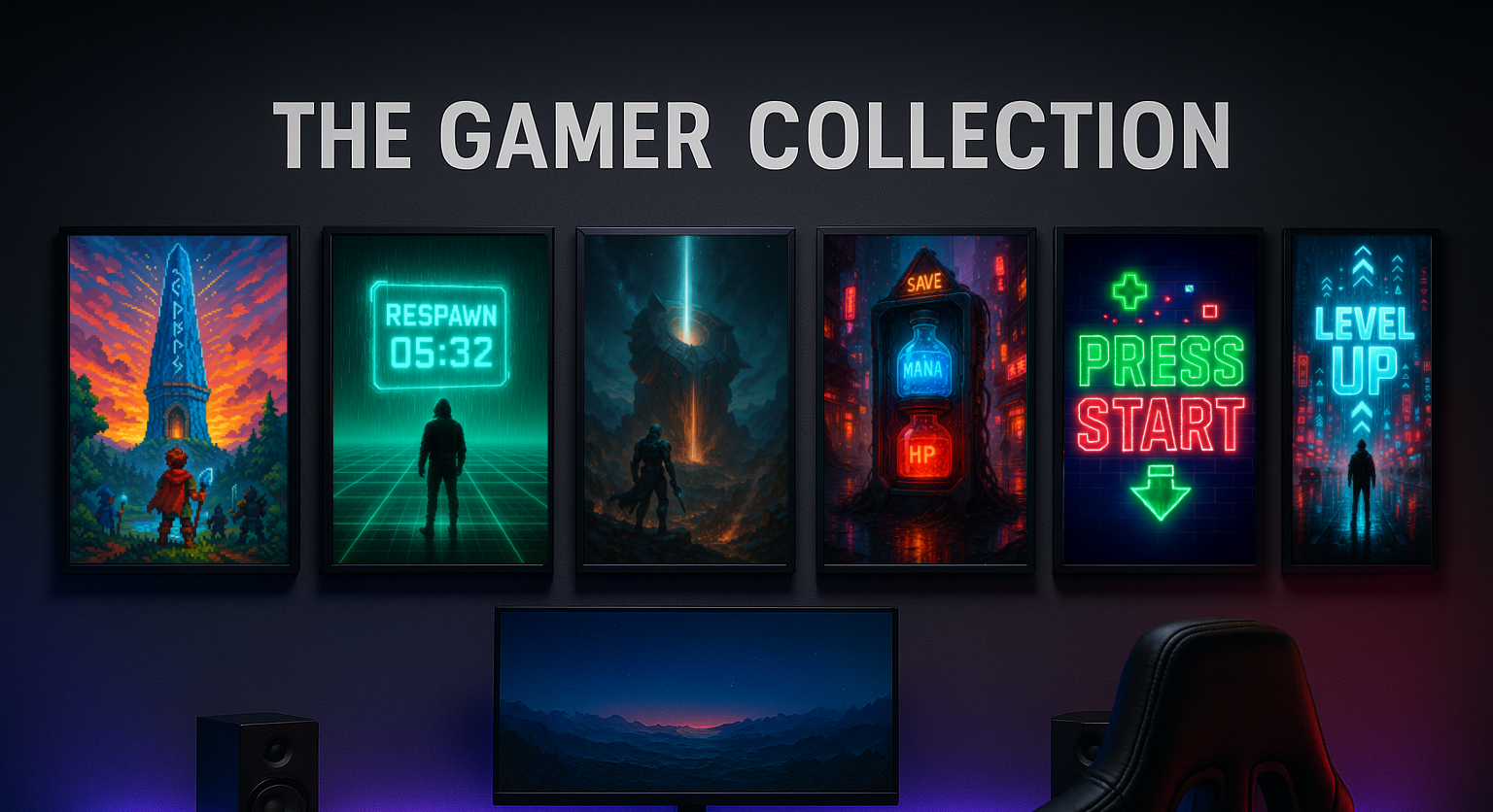 Gaming setup with neon-themed posters on a wall, labeled 'The Gamer Collection'.