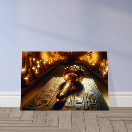 Ancient Egyptian scepter with jeweled head and hieroglyphic handle resting on stone, surrounded by candlelight and deity statues.