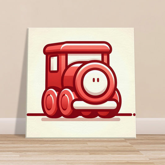 Cartoon-style red train with large eyes on a light red to white gradient background.