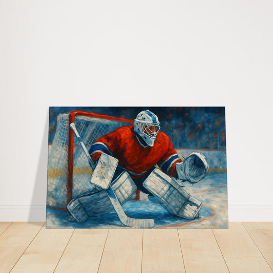 Ice hockey goalie in red jersey preparing for a save in front of the net, captured in impressionistic brushstrokes.