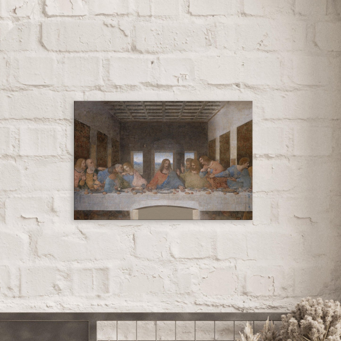 Canvas art reproduction of Leonardo da Vinci’s The Last Supper, depicting Jesus and his disciples in a dramatic Renaissance scene capturing the moment of betrayal.