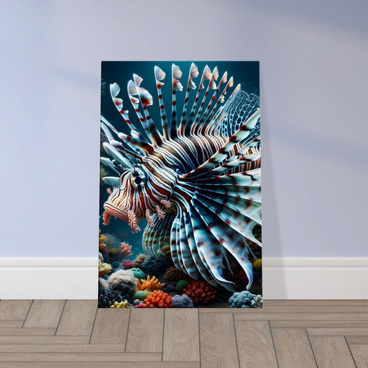 Hyper-realistic image of a majestic lionfish swimming gracefully in a vibrant coral reef environment.