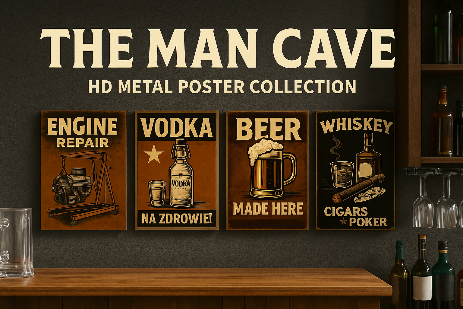 A digital promotional banner for "The Man Cave" HD Metal Poster Collection featuring four vintage-style metal posters with retro illustrations: an engine repair lift, a vodka bottle with shot glass, a frothy beer mug, and a whiskey-cigar-poker trio — all set in a rugged, masculine home bar environment.