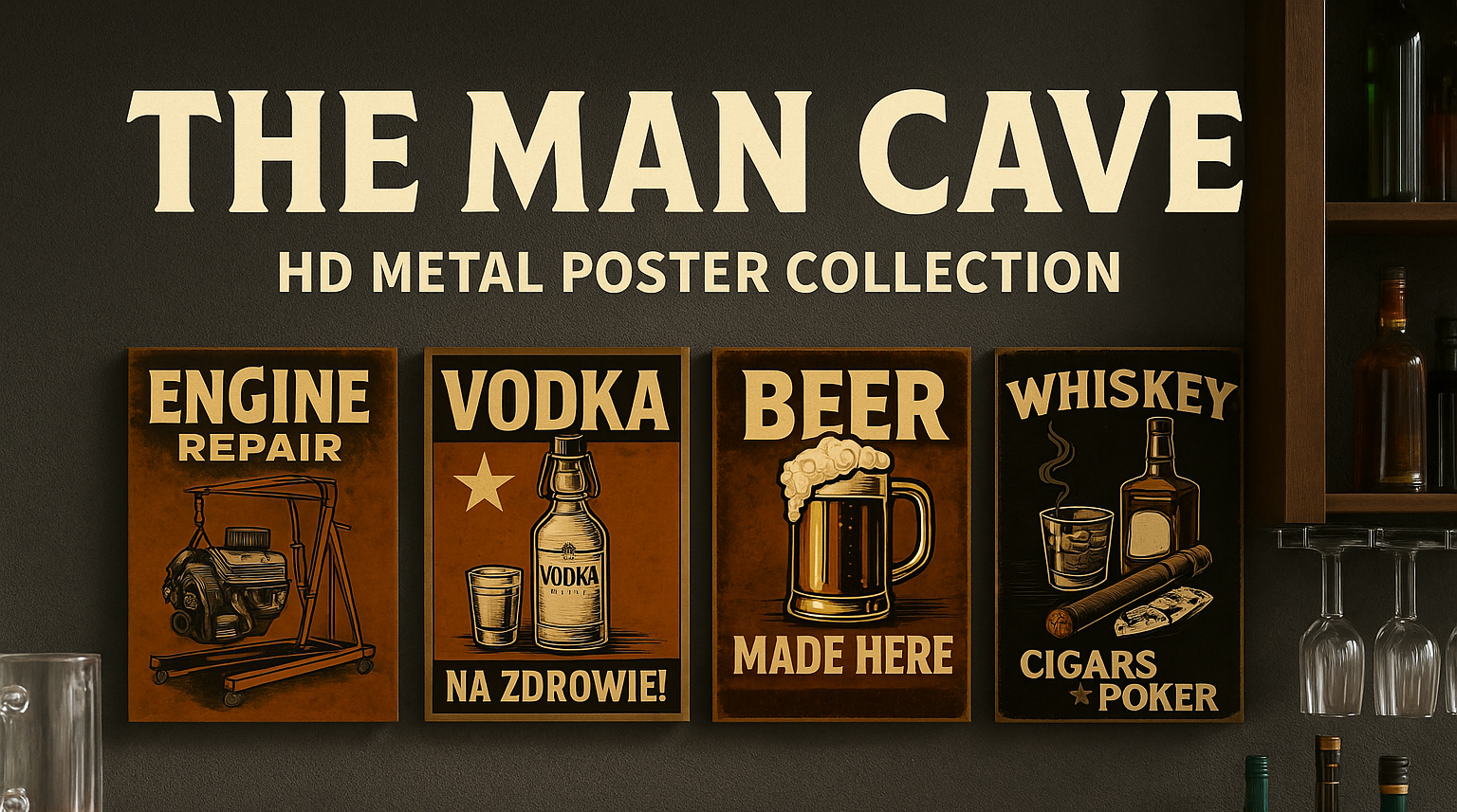 A digital promotional banner for "The Man Cave" HD Metal Poster Collection featuring four vintage-style metal posters with retro illustrations: an engine repair lift, a vodka bottle with shot glass, a frothy beer mug, and a whiskey-cigar-poker trio — all set in a rugged, masculine home bar environment.