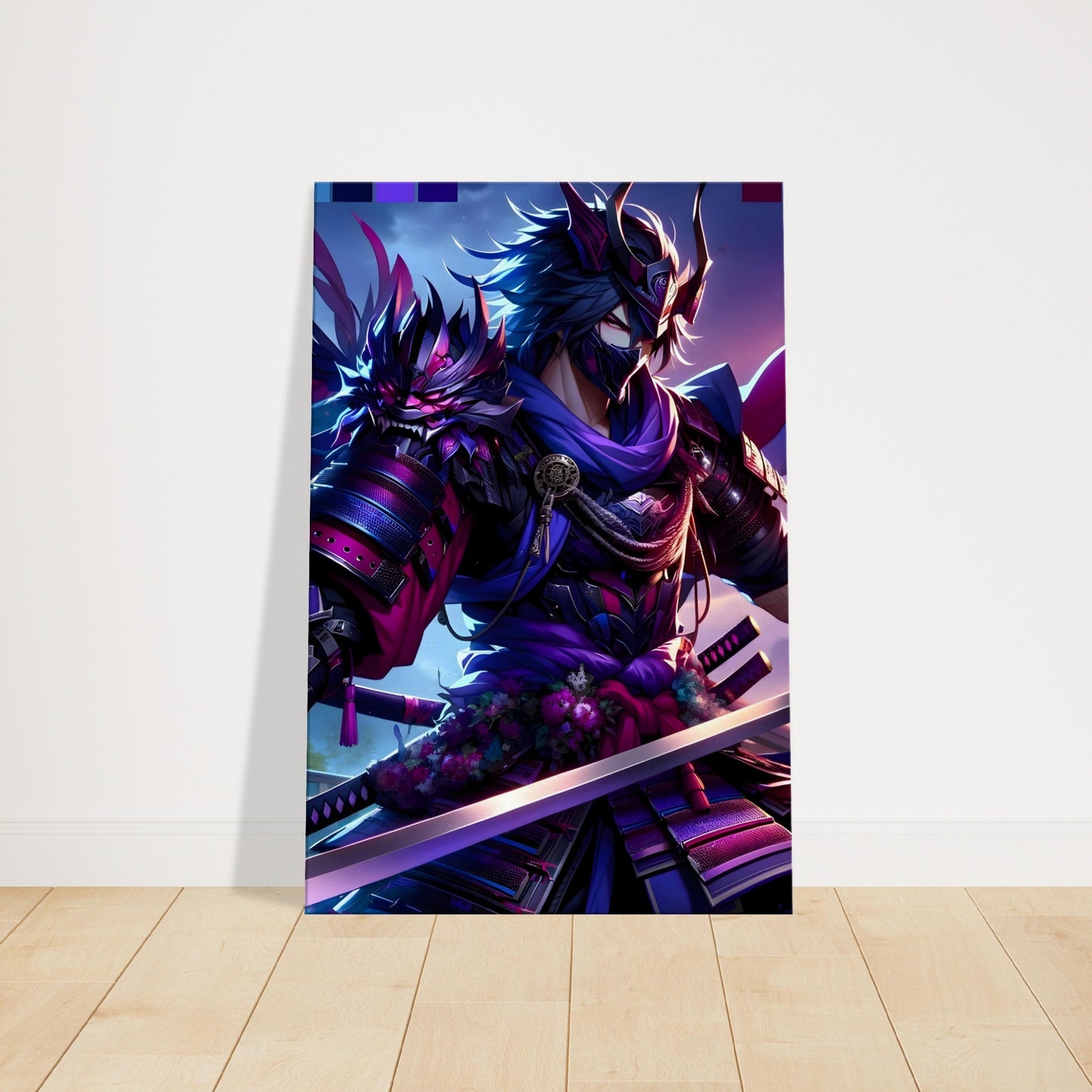 Anime-style masked samurai warrior in dynamic battle pose, wearing stylized armor, set against a mystical twilight background with deep purple and blue tones.