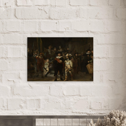 Canvas art reproduction of Rembrandt’s “The Night Watch,” depicting a 17th-century Dutch militia with dramatic chiaroscuro, detailed uniforms, and dynamic composition.