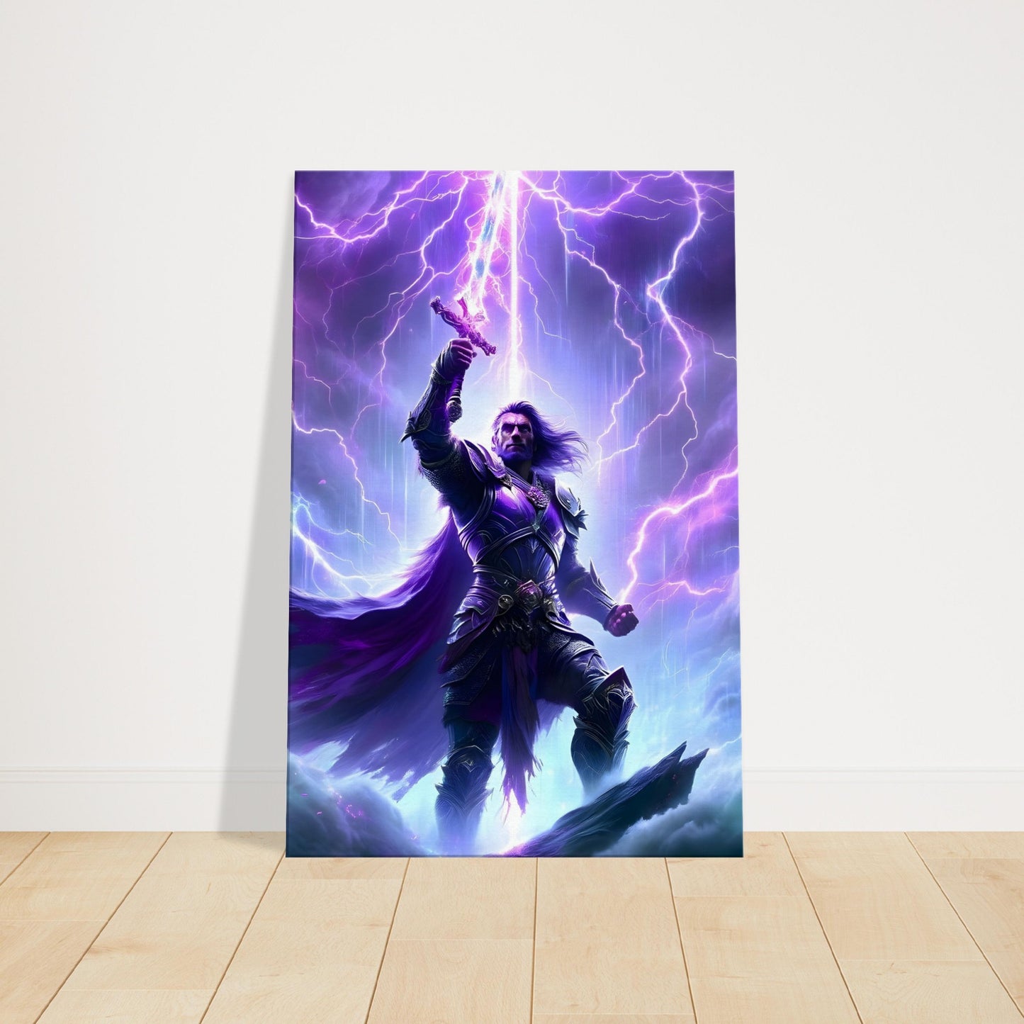 Anime-style warrior raising sword as purple, blue, and dark pink lightning strikes from a dramatic stormy sky.