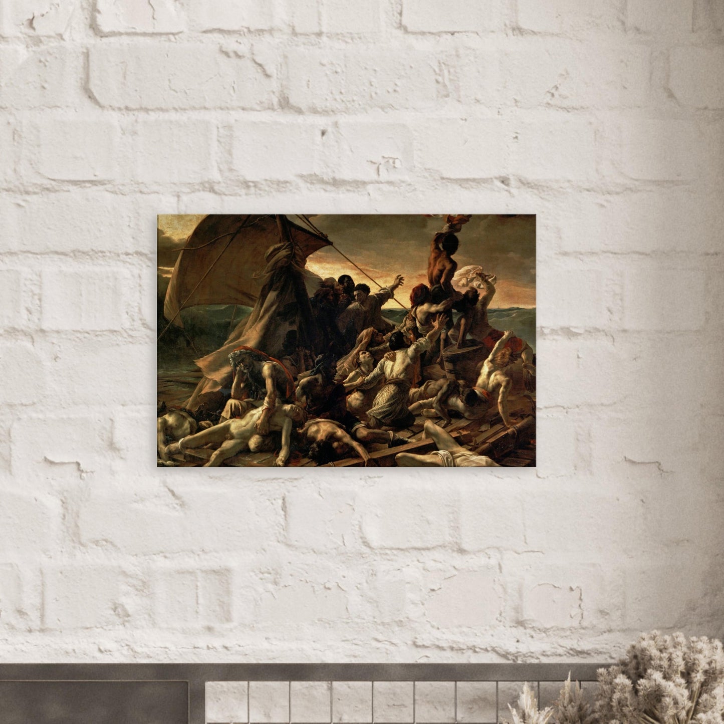 Canvas art reproduction of Théodore Géricault’s The Raft of the Medusa, depicting survivors on a raft amid turbulent seas with dramatic emotion and realism.