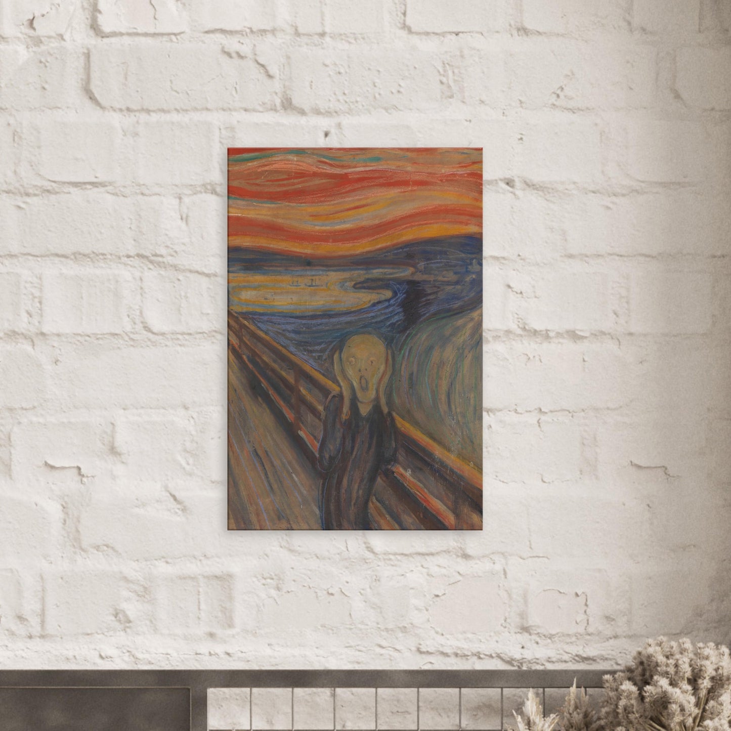 Canvas art reproduction of Edvard Munch’s The Scream, featuring a haunting figure against a swirling, intense sky expressing raw existential fear and anxiety.