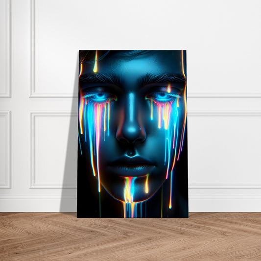 Portrait of a figure with an intense, conflicted expression and multicolored paint drips symbolizing emotional turmoil.