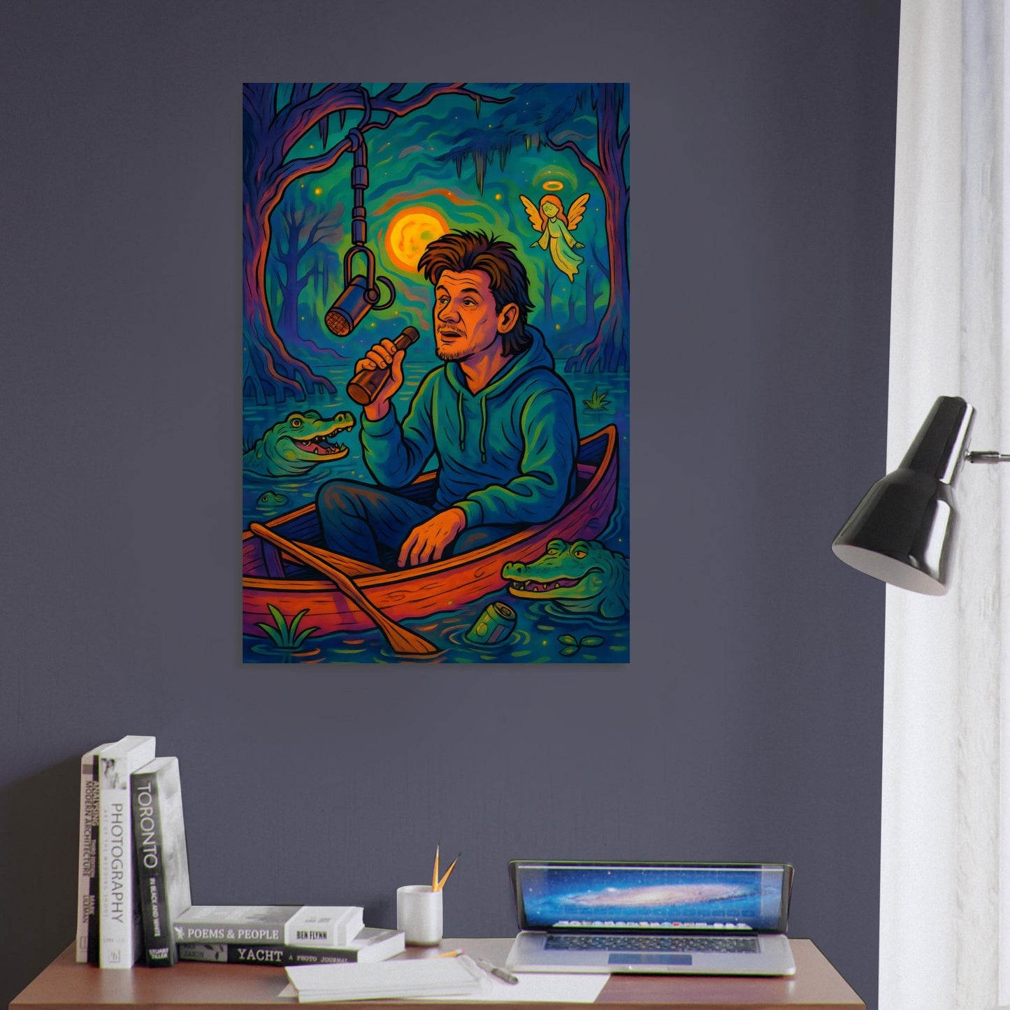 Theo Von in a canoe, podcasting in a mystical swamp with talking alligators, glowing swamp angels, and floating beer cans.