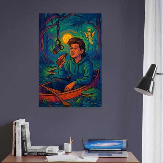 Theo Von in a canoe, podcasting in a mystical swamp with talking alligators, glowing swamp angels, and floating beer cans.