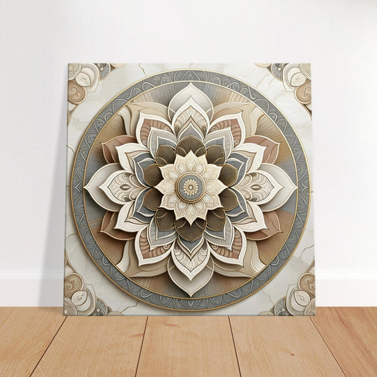 Mandala artwork in warm neutral tones with intricate detailing, merging traditional symmetry with modern minimalist elegance.