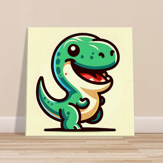 Cartoon-style bright and cheerful Tiny T-Rex with a wide friendly smile on a plain background.