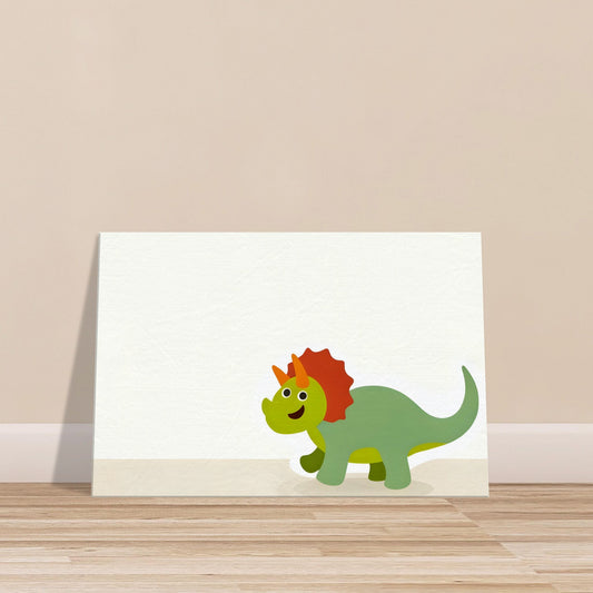 Cartoon-style bright and cheerful Tiny Triceratops with a joyful expression on a plain background.