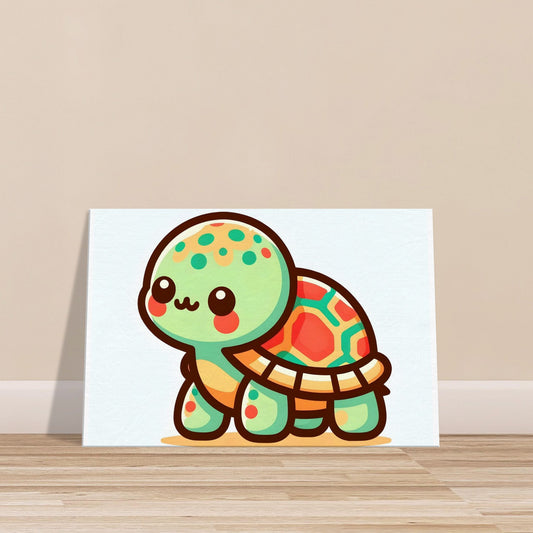 Canvas print of a cartoon turtle with a shiny shell swimming underwater in soft blue and sandy colors.