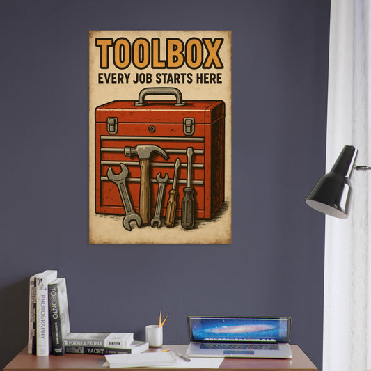 Classic red mechanic’s toolbox with essential hand tools – vintage industrial wall art print.