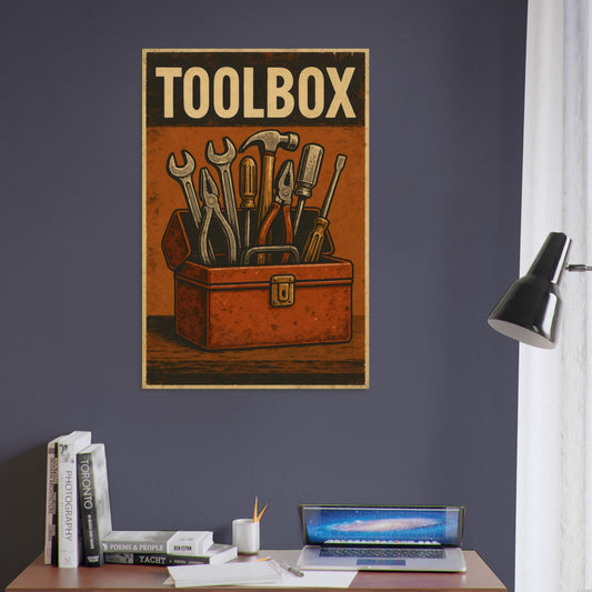 Pile of classic hand tools with retro text “Every Job Starts Here” – vintage workshop wall art.