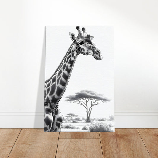 Pencil sketch of a towering giraffe with elongated neck and gentle expression against a savannah backdrop.