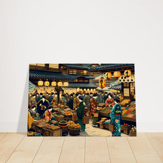 Lively Edo-era marketplace with townspeople in traditional clothing, vendor stalls, lanterns, and wooden architecture.