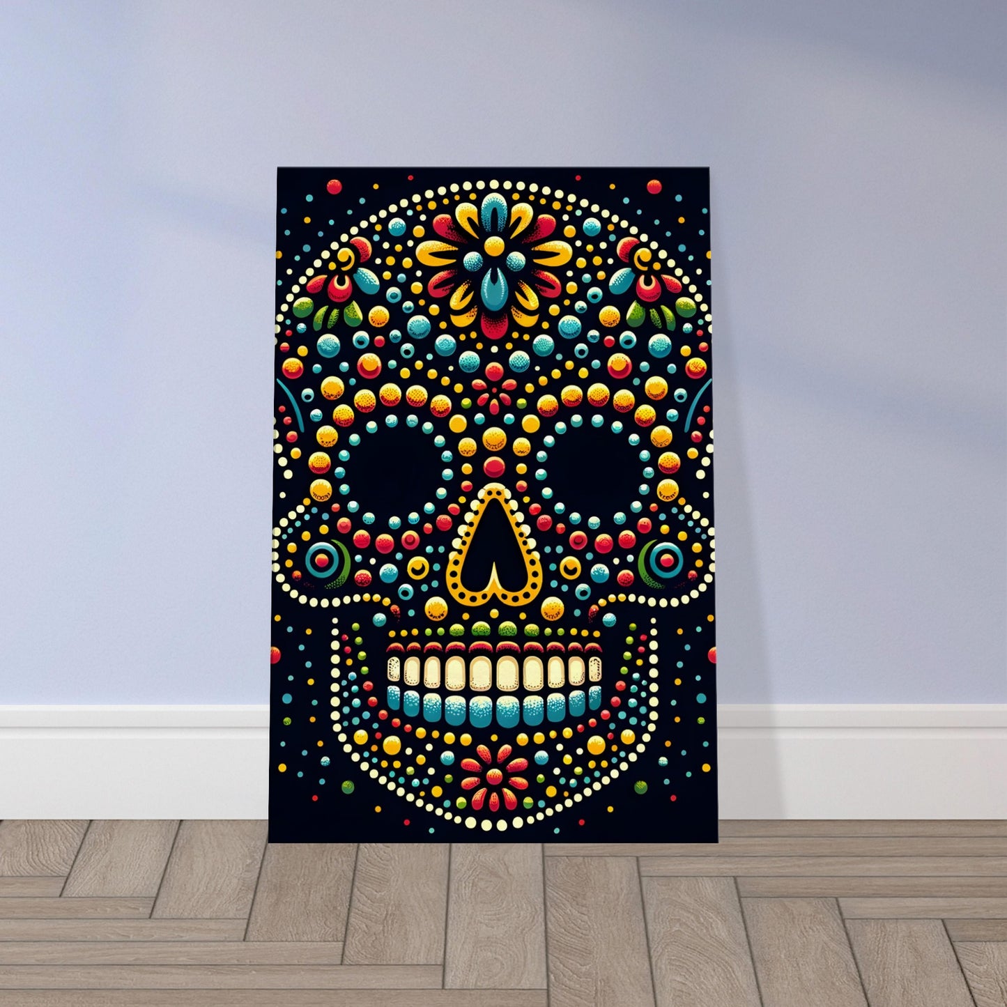 Traditional Mexican skull artwork with colorful dotted patterns on a dark background, inspired by folk art and Día de los Muertos.