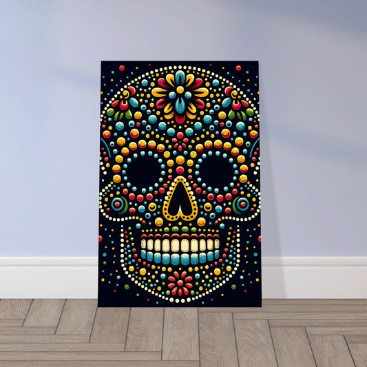 Traditional Mexican skull artwork with colorful dotted patterns on a dark background, inspired by folk art and Día de los Muertos.